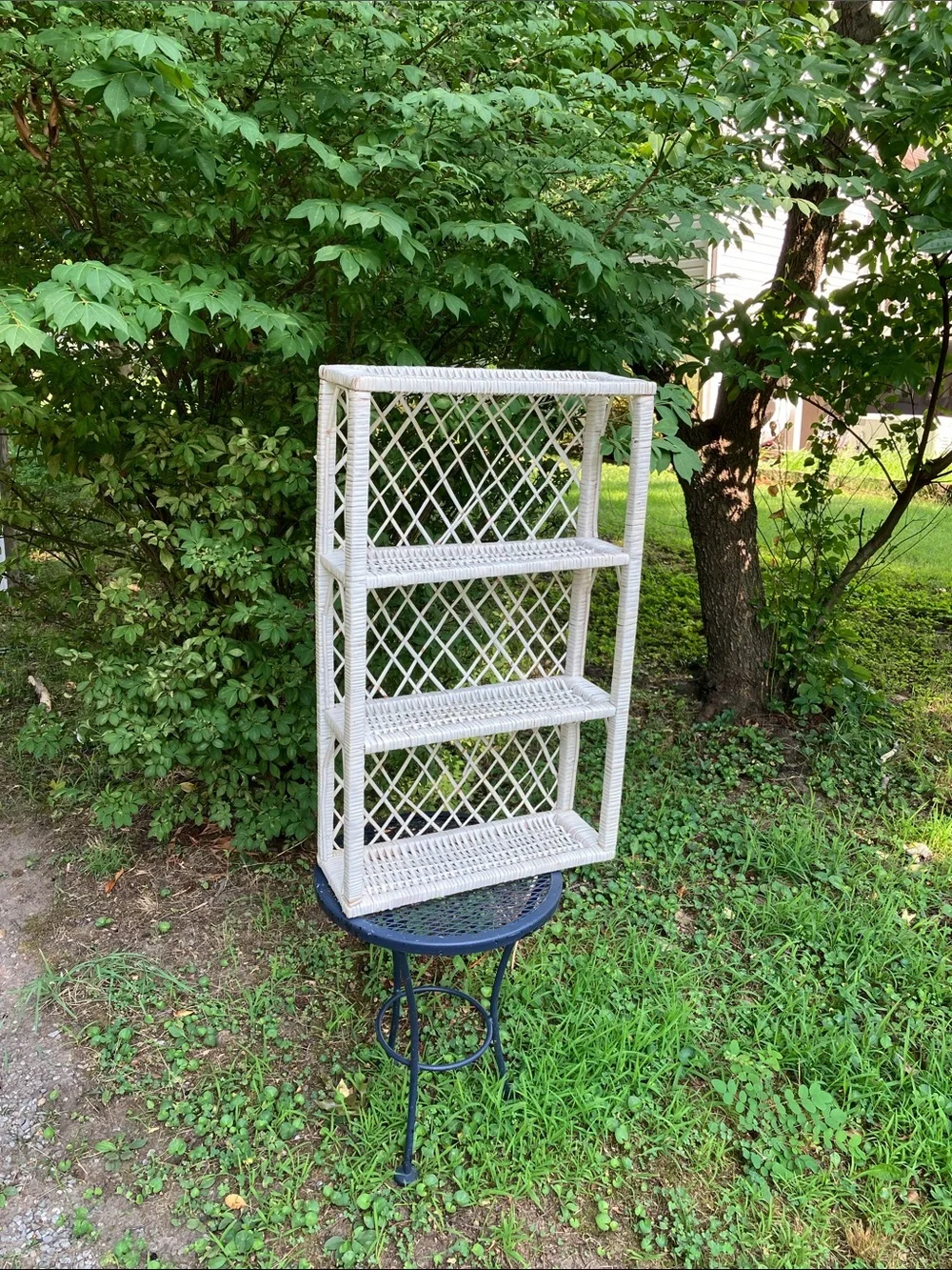 Large Vintage Shabby Chic White Wicker Three-Tier Wall Shelf or Tabletop